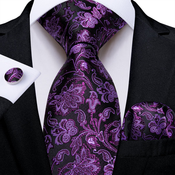 Black Dark Purple Floral Silk Men's Necktie Pocket Square Cufflinks Set