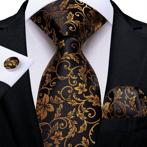New Black Golden Floral Silk Men's Necktie Pocket Square Cufflinks Set
