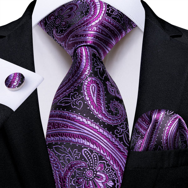 Silver Purple Paisley Silk Men's Necktie Pocket Square Cufflinks Set
