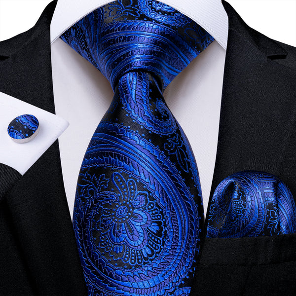 Royal Blue Paisley Silk Men's Necktie Pocket Square Cufflinks Set