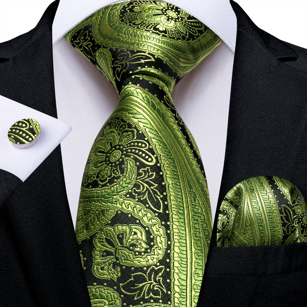 Apple Green Paisley Silk Men's Necktie Pocket Square Cufflinks Set