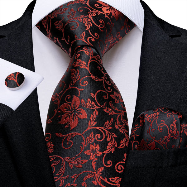 Black Red Floral Silk Men's Necktie Pocket Square Cufflinks Set