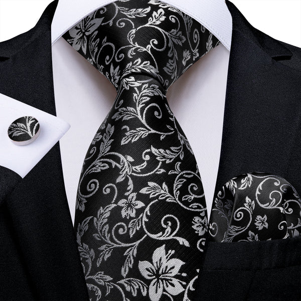 Black White Floral Silk Men's Necktie Pocket Square Cufflinks Set