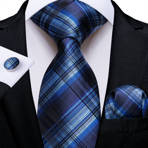 Classic Blue Plaid Silk Men's Necktie Pocket Square Cufflinks Set