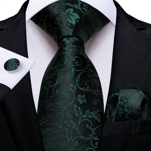 Black Green Floral Silk Men's Necktie Pocket Square Cufflinks Set