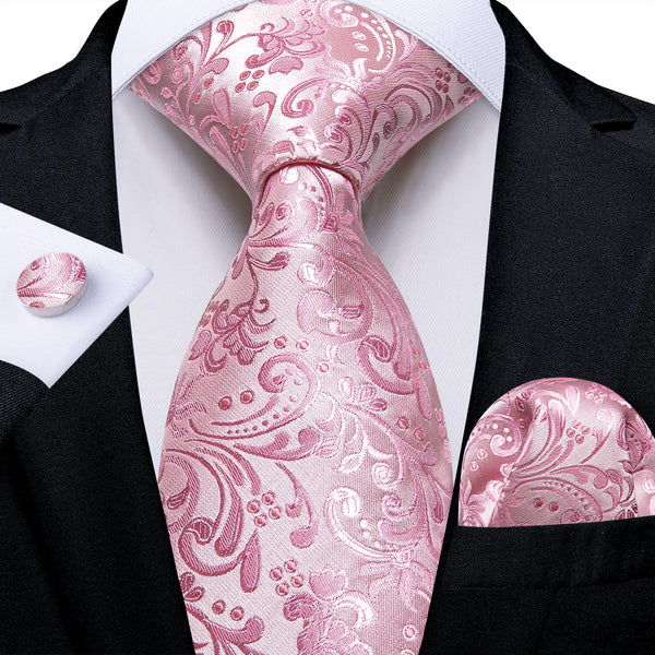 Silver Pink Floral Silk Fabric Tie Hanky Cufflinks Set