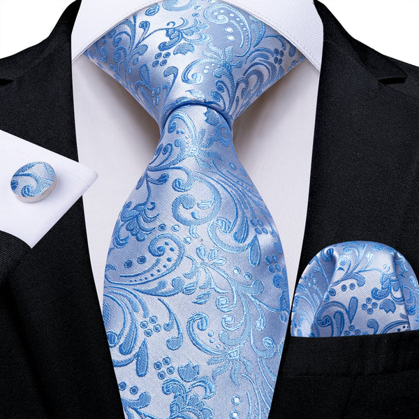 Silver Blue Floral Silk Fabric Tie Hanky Cufflinks Set