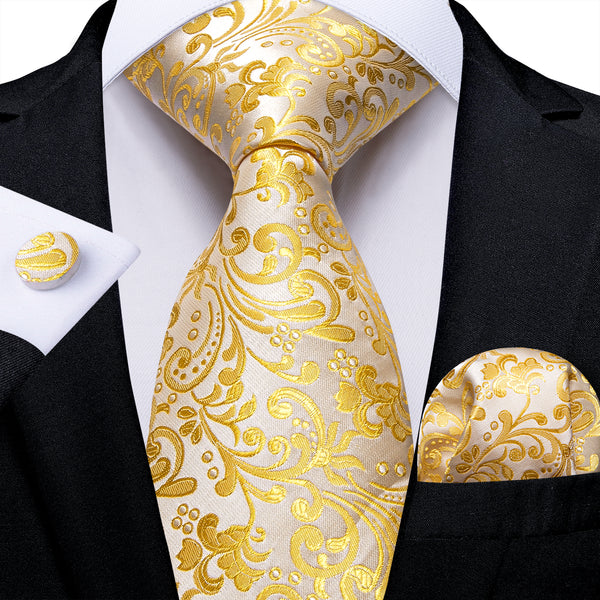 Silver Yellow Floral Silk Fabric Tie Hanky Cufflinks Set