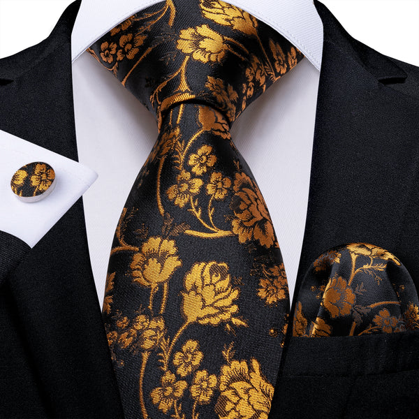 Black Golden Floral Silk Men's Ties