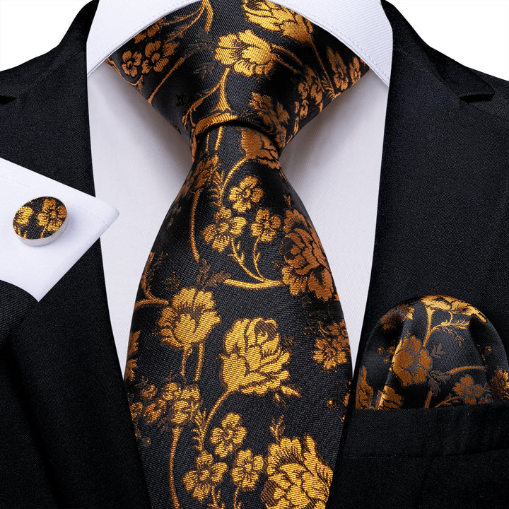 Black Golden Floral Silk Men's Ties
