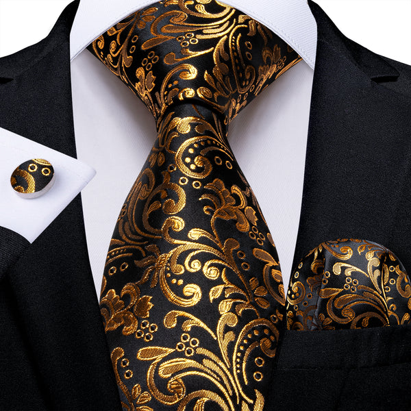 Black Golden Floral Silk Fabric Tie Hanky Cufflinks Set