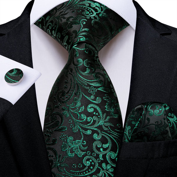 Black Green Floral Silk Fabric Tie Hanky Cufflinks Set