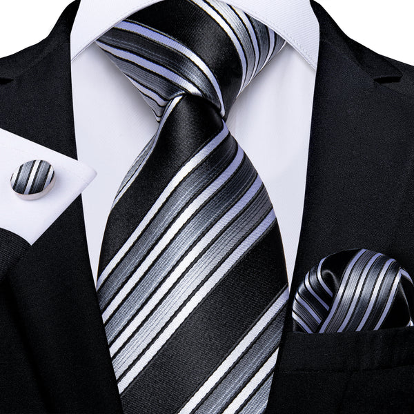 Black Grey Striped Necktie Pocket Square Cufflinks Set