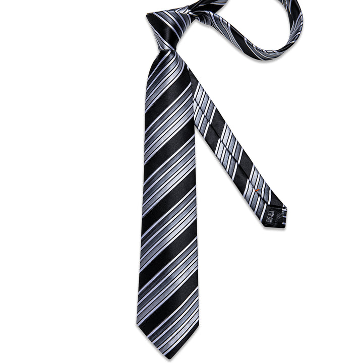 mens silk black grey white striped tie handkerchief cufflinks set