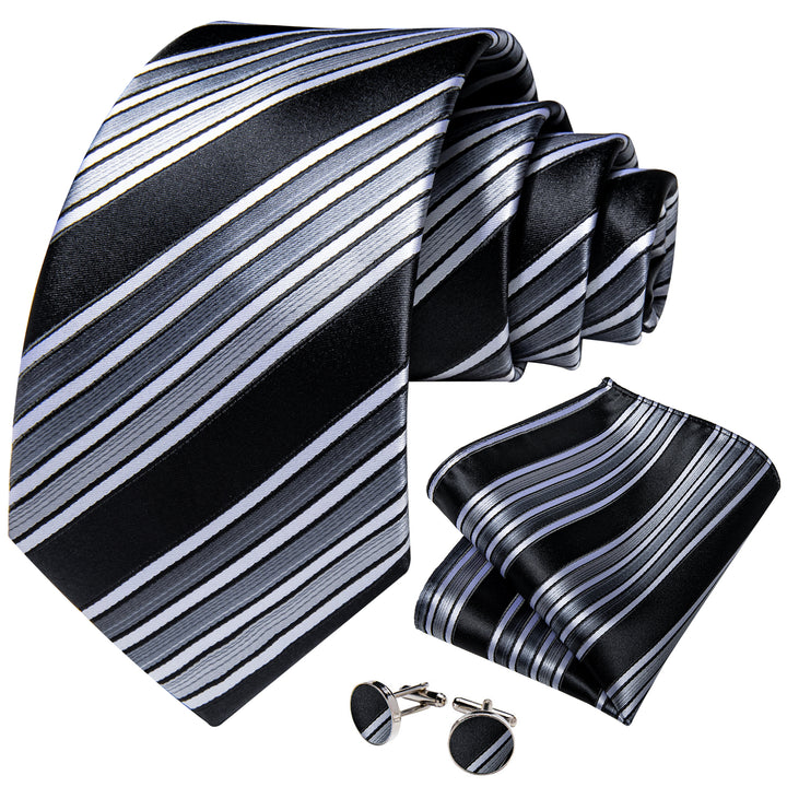 mens silk black grey white striped tie handkerchief cufflinks set