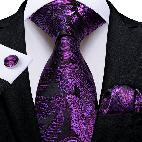 Black Purple Paisley Men's Necktie Hanky Cufflinks Set