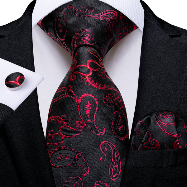 Black Red Paisley Men's Necktie Hanky Cufflinks Set