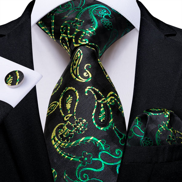 Black Green Yellow Gradient Paisley Men's Necktie Hanky Cufflinks Set