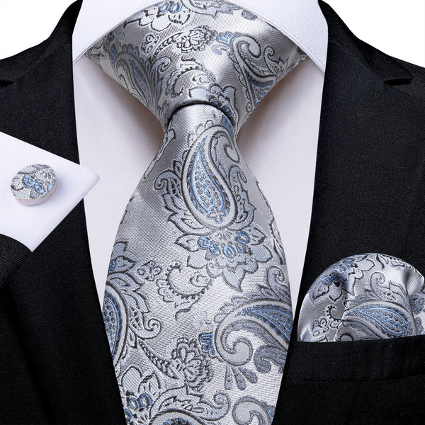 Silver White Blue Paisley Men's Necktie Hanky Cufflinks Set