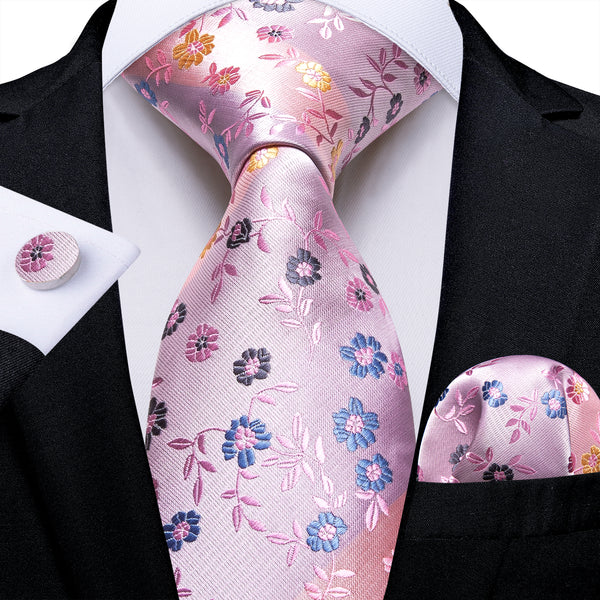 New Pink Floral Men's Necktie Hanky Cufflinks Set