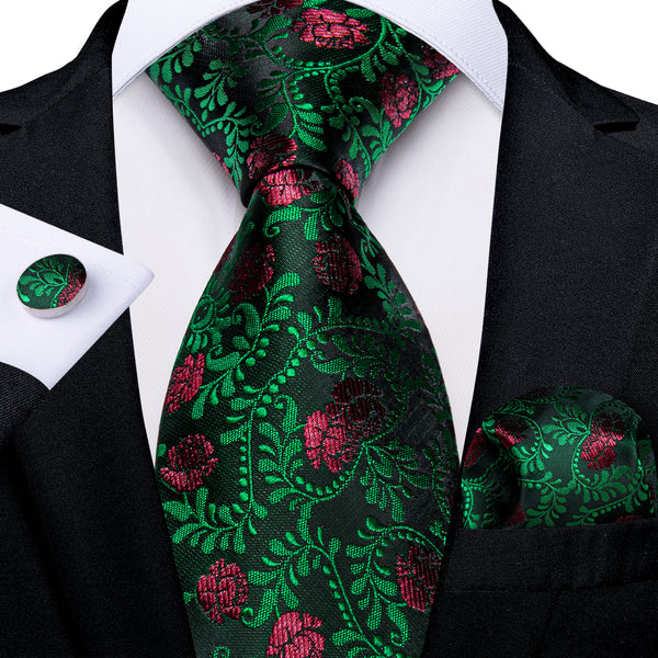 Dark Green Floral Necktie Pocket Square Cufflinks Set