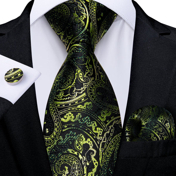 Dark Green Gradient Paisley Necktie Pocket Square Cufflinks Set
