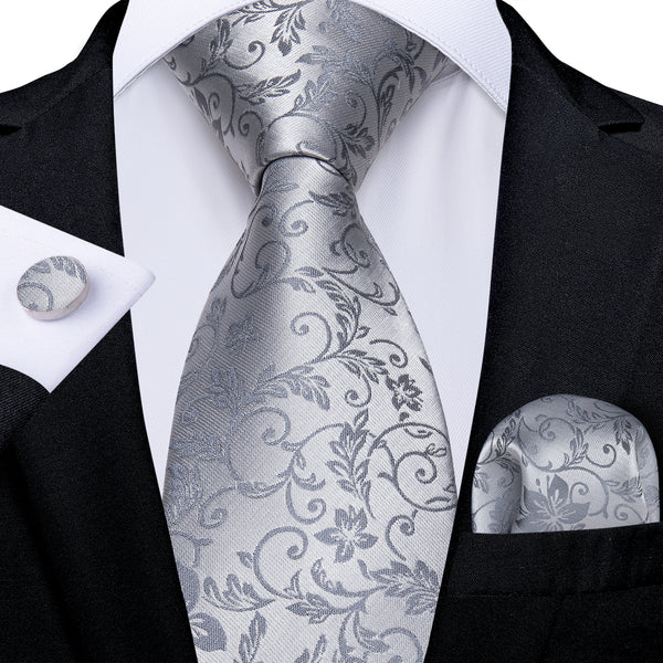 Silver Grey Floral Necktie Pocket Square Cufflinks Set