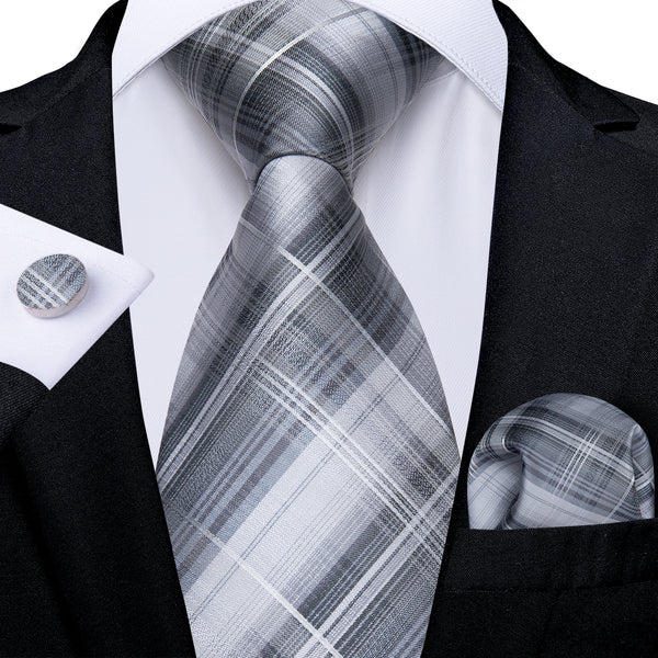 White Grey Plaid Necktie Pocket Square Cufflinks Set