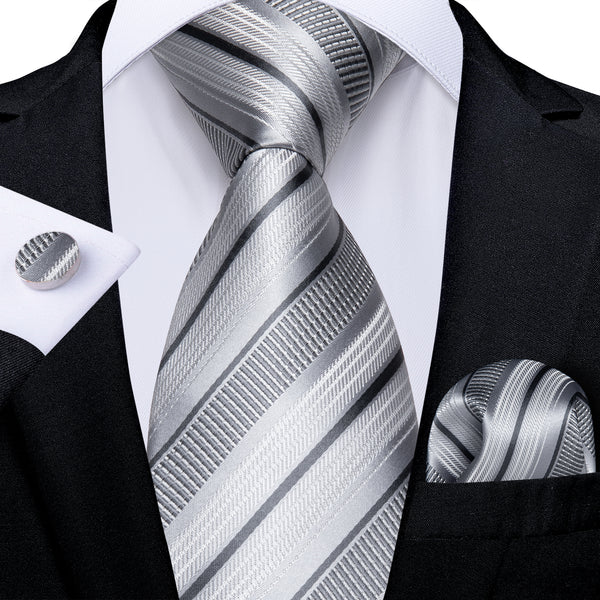 Silver Grey Striped Necktie Pocket Square Cufflinks Set