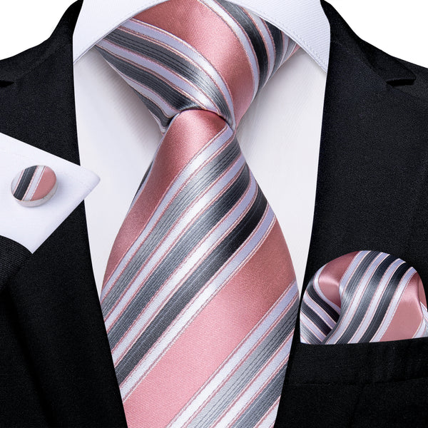 Pink Grey Striped Necktie Pocket Square Cufflinks Set