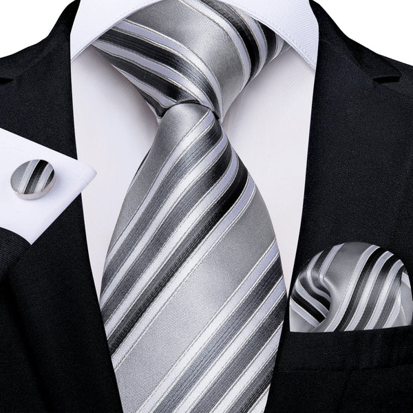 New Grey Striped Necktie Pocket Square Cufflinks Set