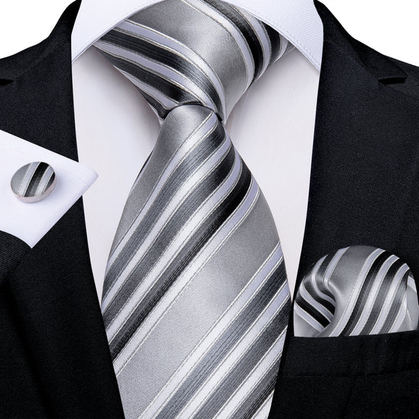 Grey Striped Necktie Pocket Square Cufflinks Set