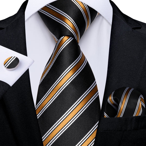 New Black Golden Striped Necktie Pocket Square Cufflinks Set