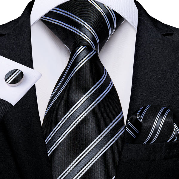 New Black Grey Striped Necktie Pocket Square Cufflinks Set