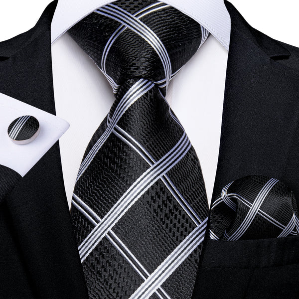 Black White Plaid Necktie Pocket Square Cufflinks Set