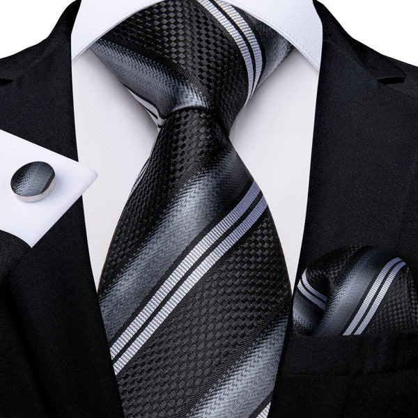 Black Silver Grey Striped Necktie