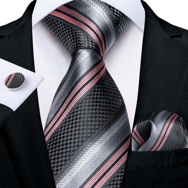 Black Pink Silver Grey Striped Necktie Pocket Square Cufflinks Set