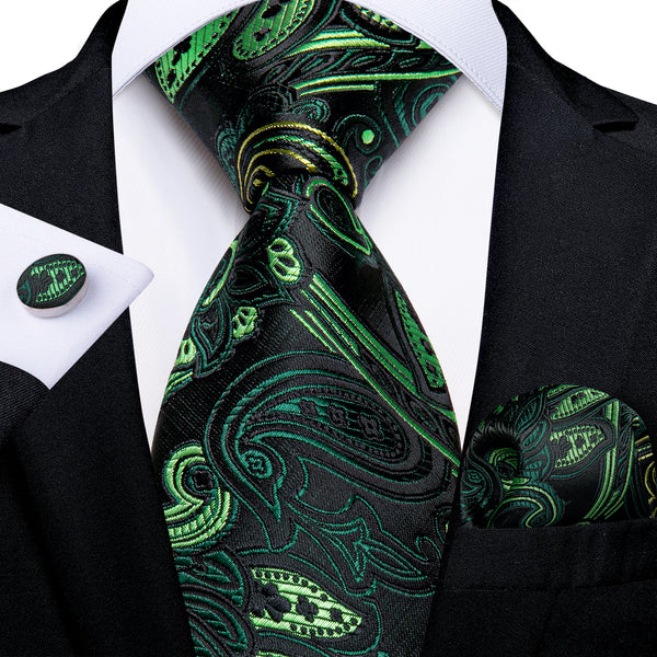 Black Green Gradient Paisley Necktie Pocket Square Cufflinks Set
