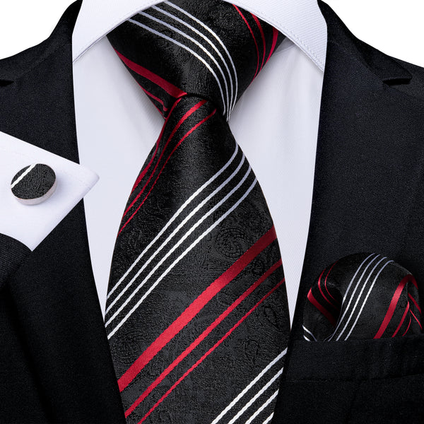 Black White Red Striped Necktie Pocket Square Cufflinks Set