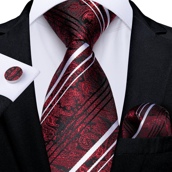 Dark Red White Striped Necktie Pocket Square Cufflinks Set