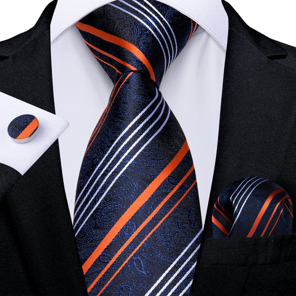 Dark Blue Orange White Striped Necktie Pocket Square Cufflinks Set