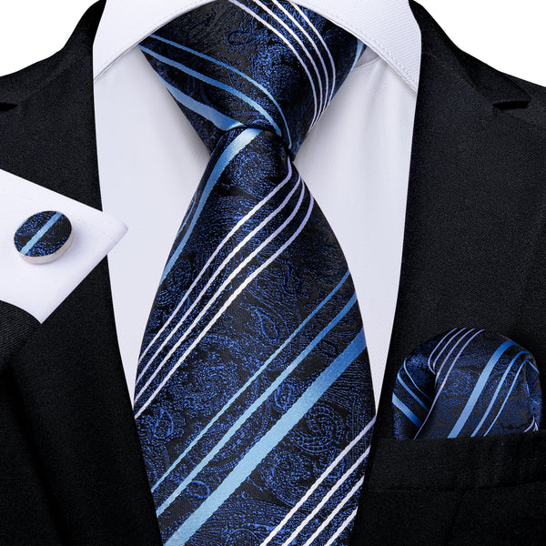 Dark Blue White Striped Necktie Pocket Square Cufflinks Set