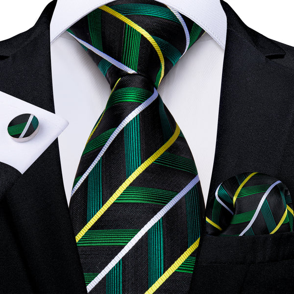 Black Green Yellow White Striped Necktie Pocket Square Cufflinks Set