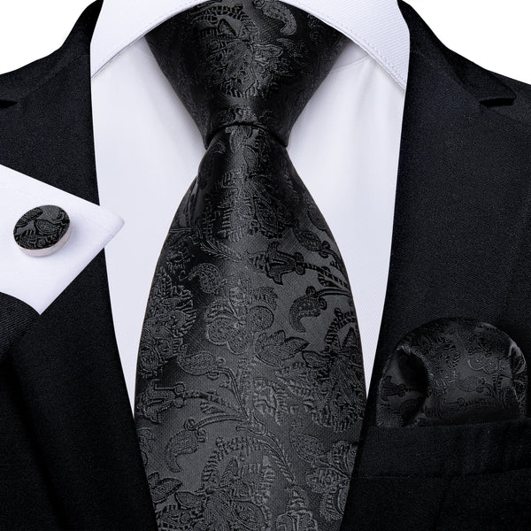 Black Floral Embossed Men's Necktie Hanky Cufflinks Set