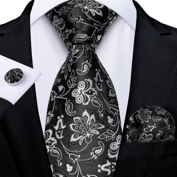 Black White Floral Embossed Men's Necktie Hanky Cufflinks Set