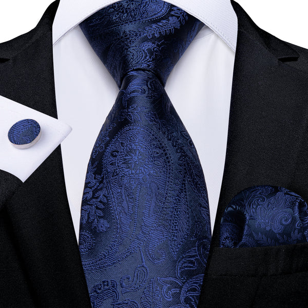 Dark Blue Paisley Silk Men's Necktie Hanky Cufflinks Set