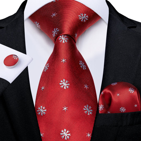 Christmas Red White Snowflake Floral Silk Men's Necktie Hanky Cufflinks Set