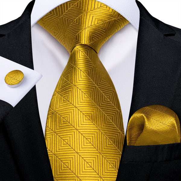 New Golden Geometry Pattern Novelty Silk Men's Necktie Hanky Cufflinks Set