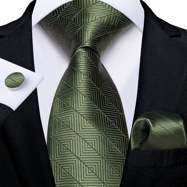 Grey Green Geometry Pattern Novelty Silk Men's Necktie Hanky Cufflinks Set