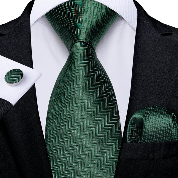 Dark Green Wave Striped Silk Men's Necktie Hanky Cufflinks Set